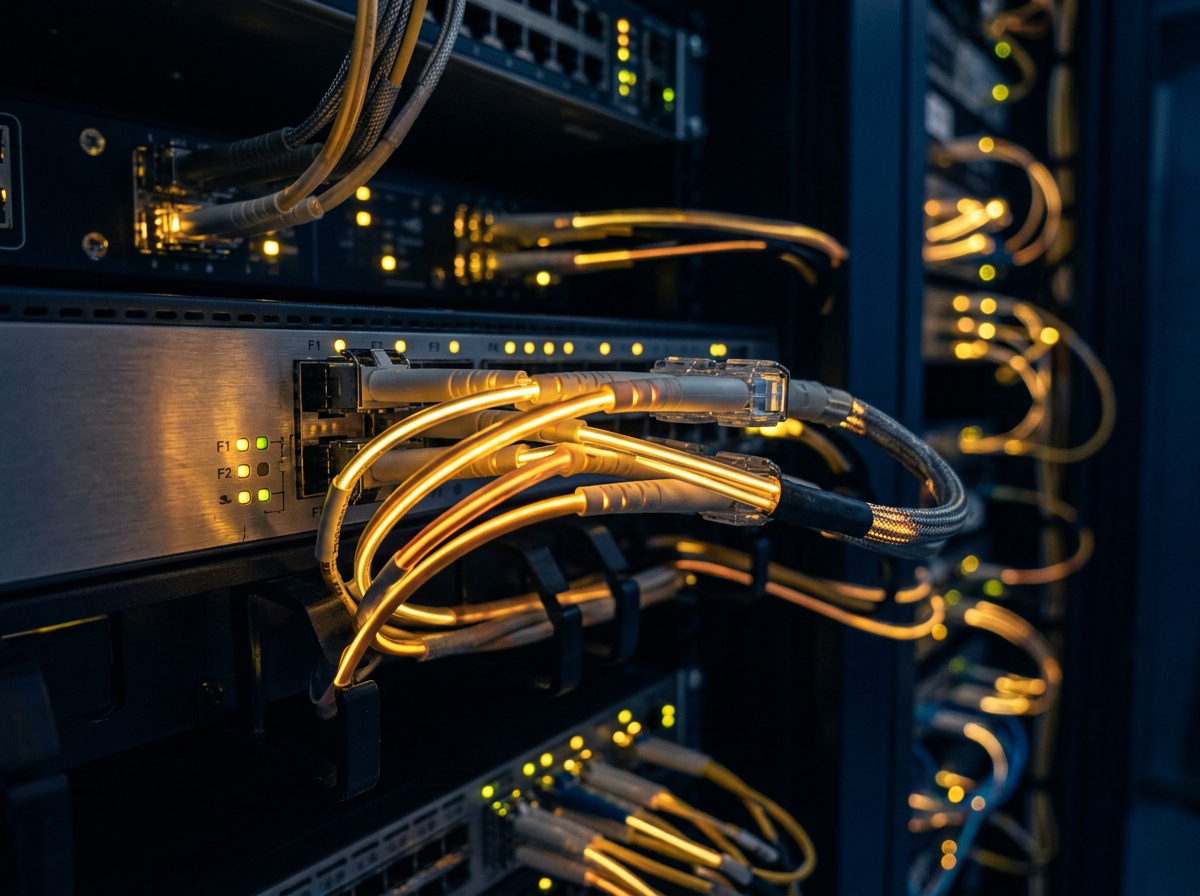 Cabos de fibra óptica conectados a um equipamento de rede em data center